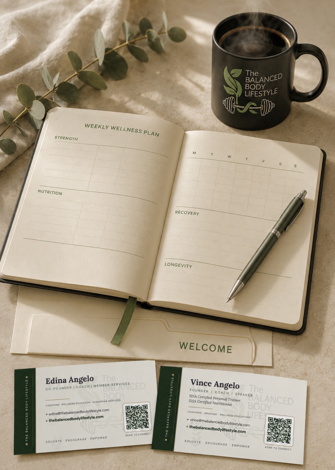 New-member welcome experience with weekly wellness journal, branded mug, welcome folder, and coaching team business cards.