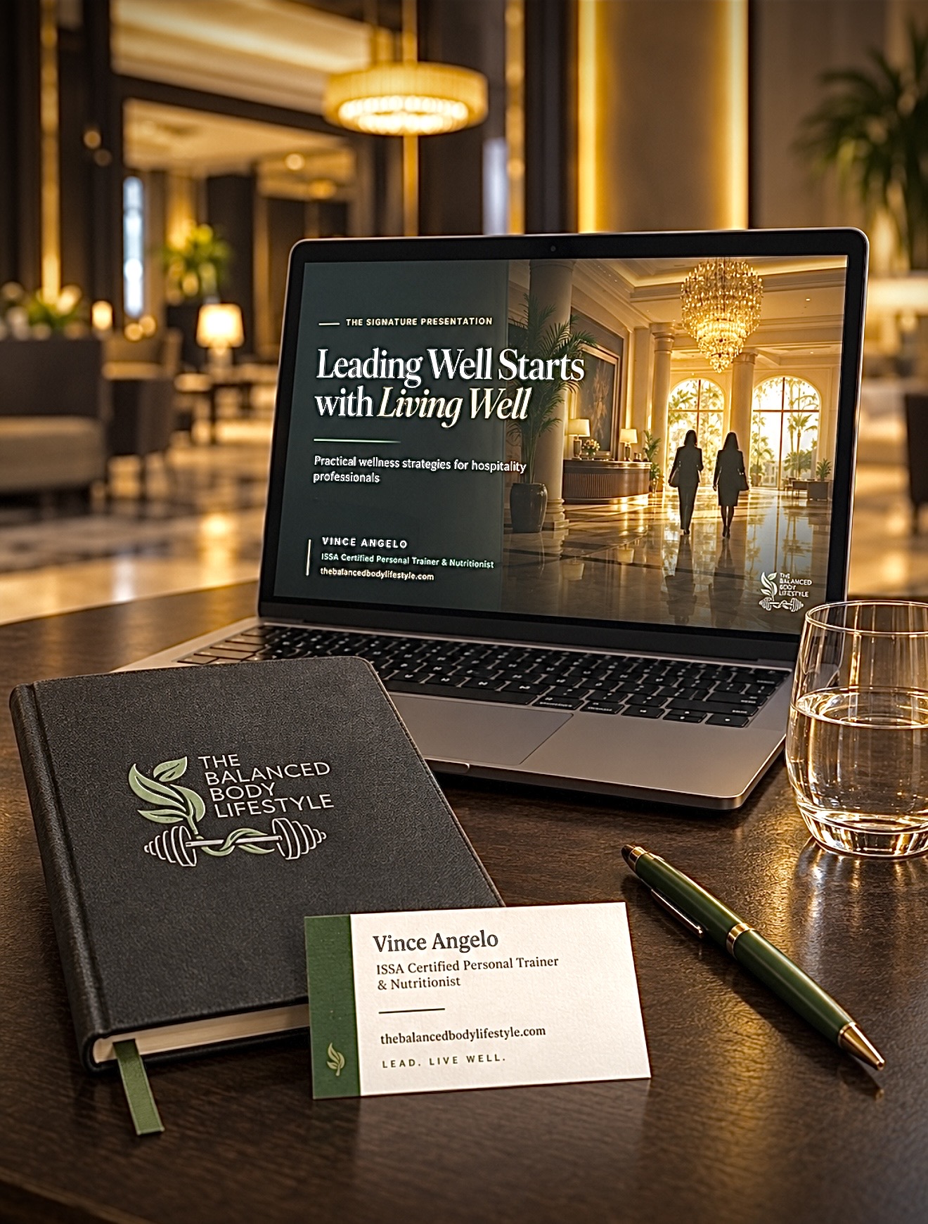 Lead. Live Well. hospitality program materials displayed on a laptop with The Balanced Body Lifestyle journal and Vince Angelo business card