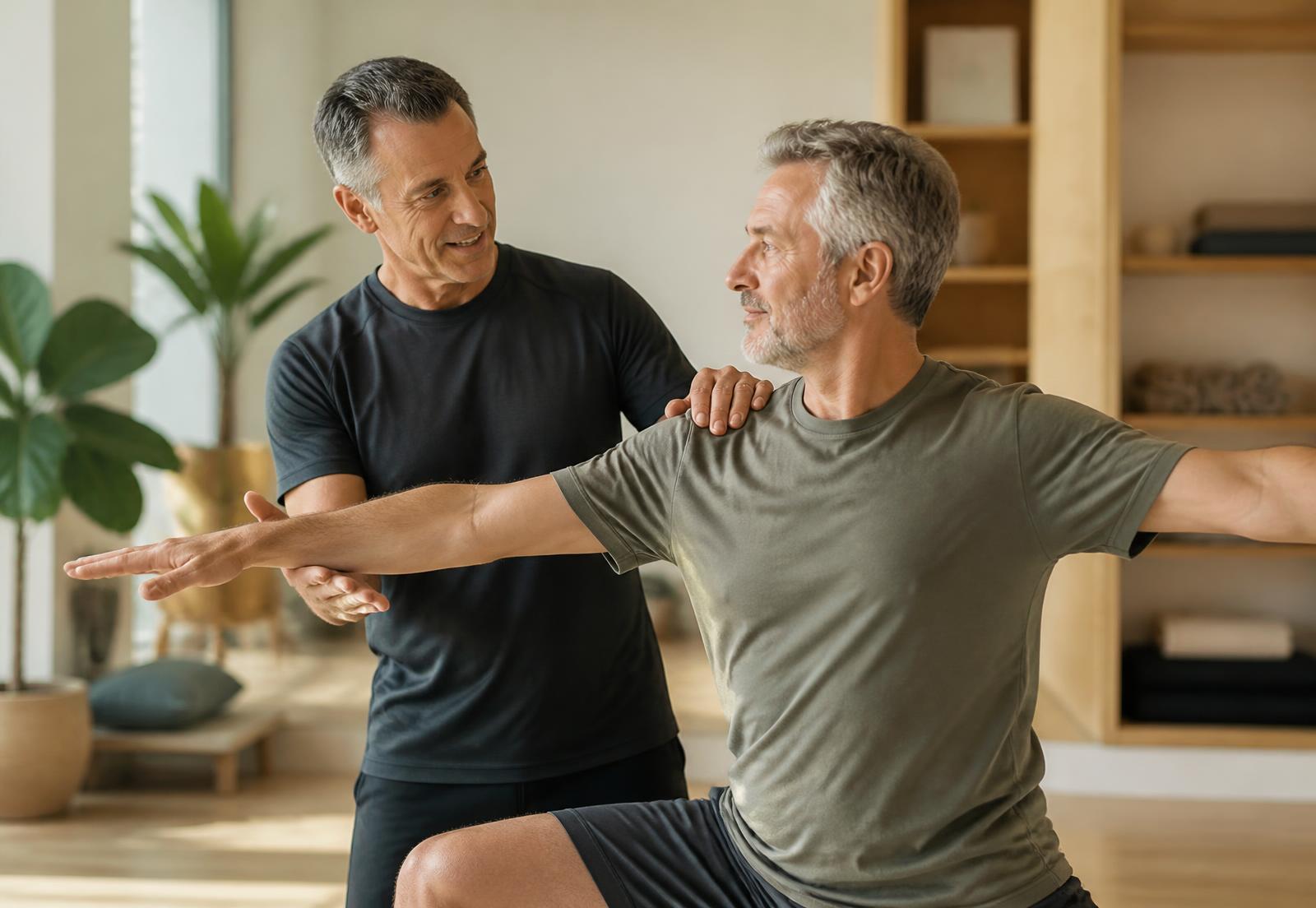 A coach guiding a client through a movement in a calm, modern wellness studio