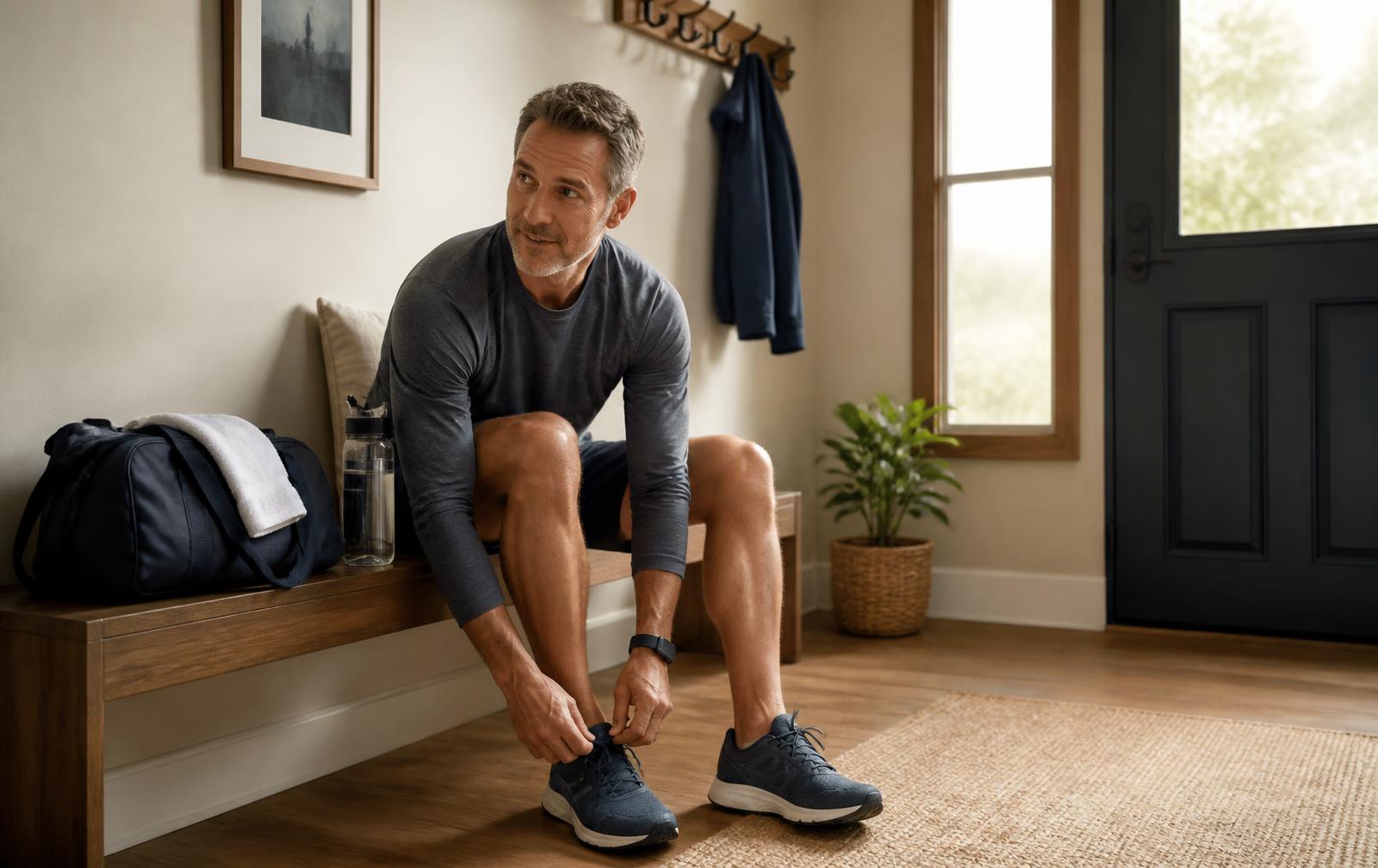 An adult calmly tying training shoes at home before a workout, with a gym bag and water bottle nearby