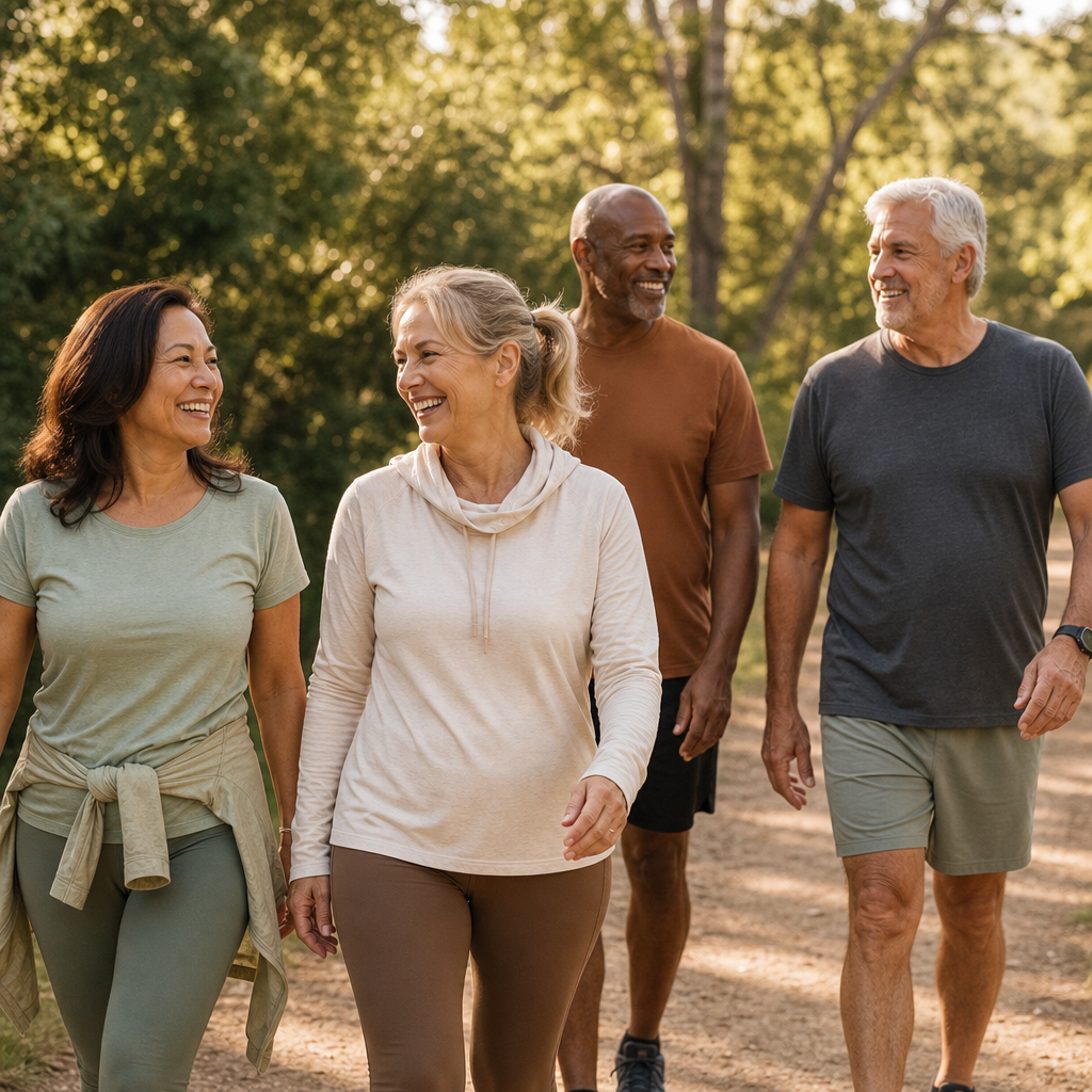 A small group of adults enjoying a wellness walk together outdoors