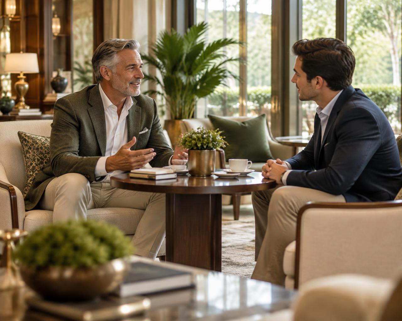 An experienced hospitality leader having a one-on-one career conversation with a younger professional in an upscale hotel lounge