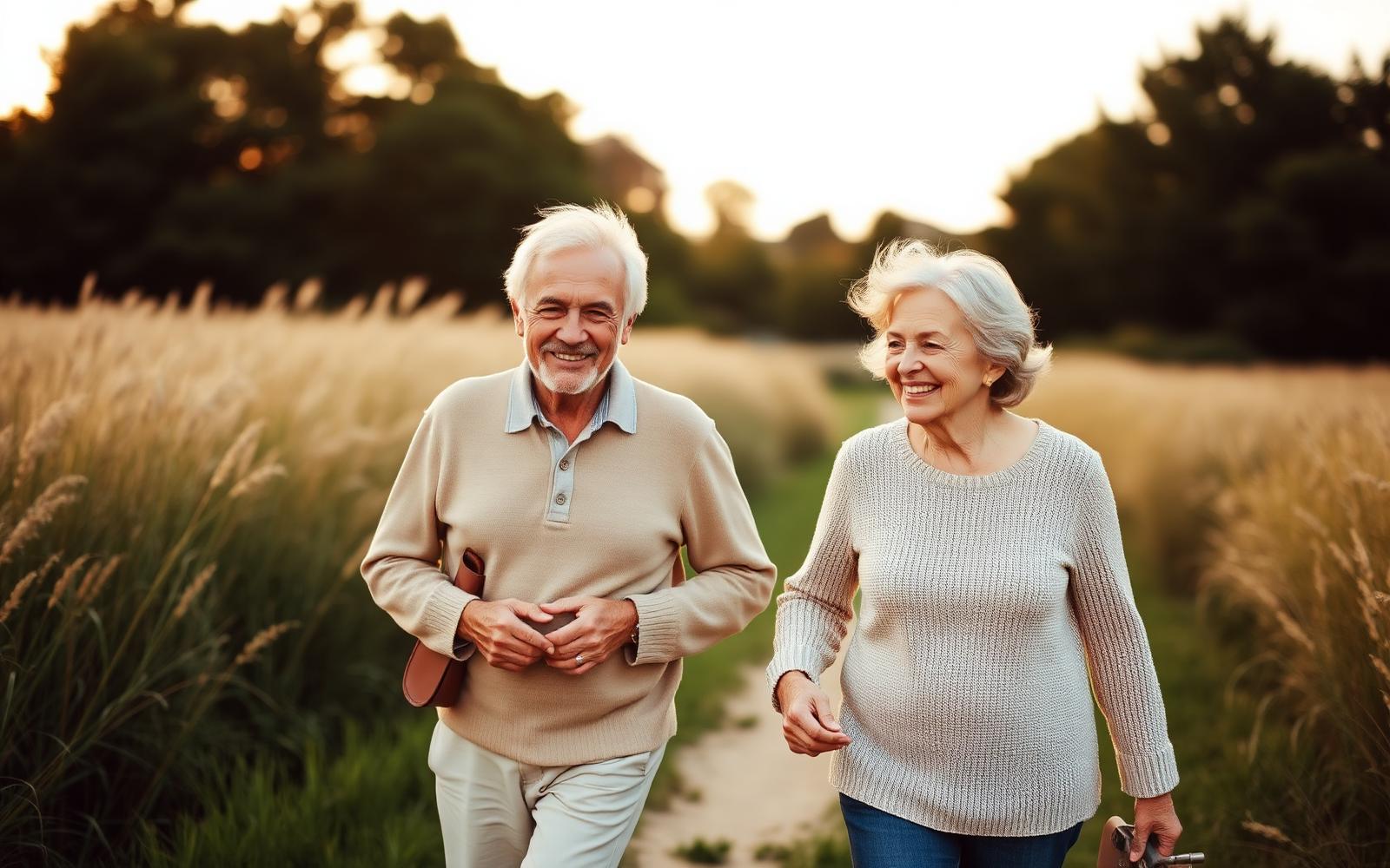 An active couple in their fifties walking together outdoors in soft morning light