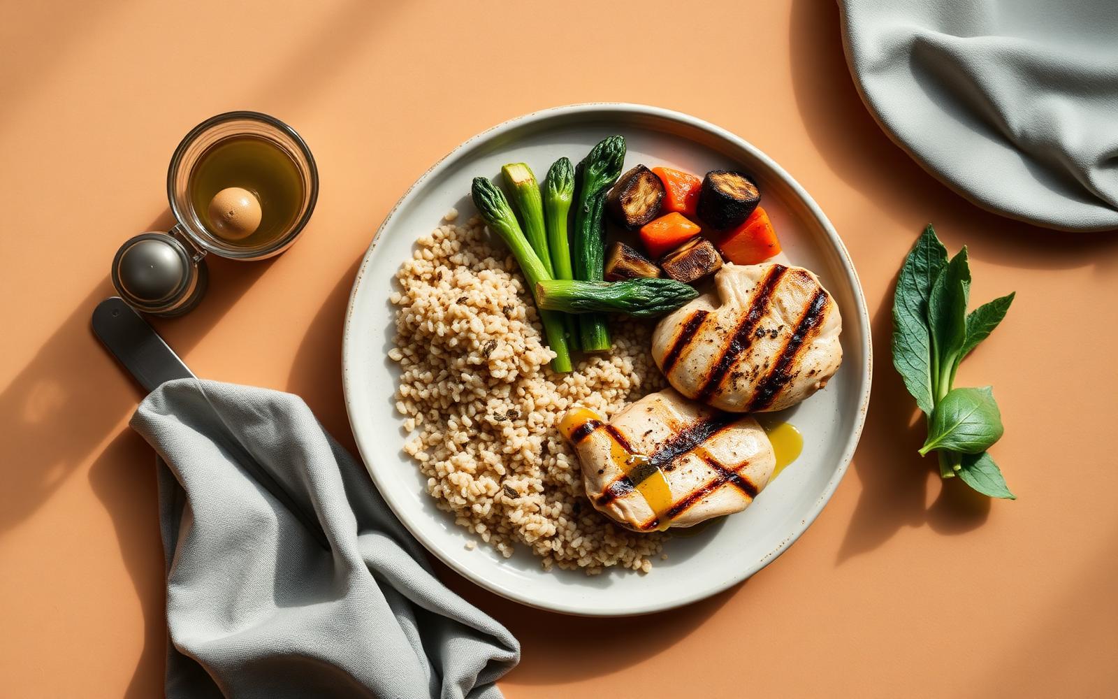 A balanced plate of grilled chicken, roasted vegetables and a whole grain, photographed from above