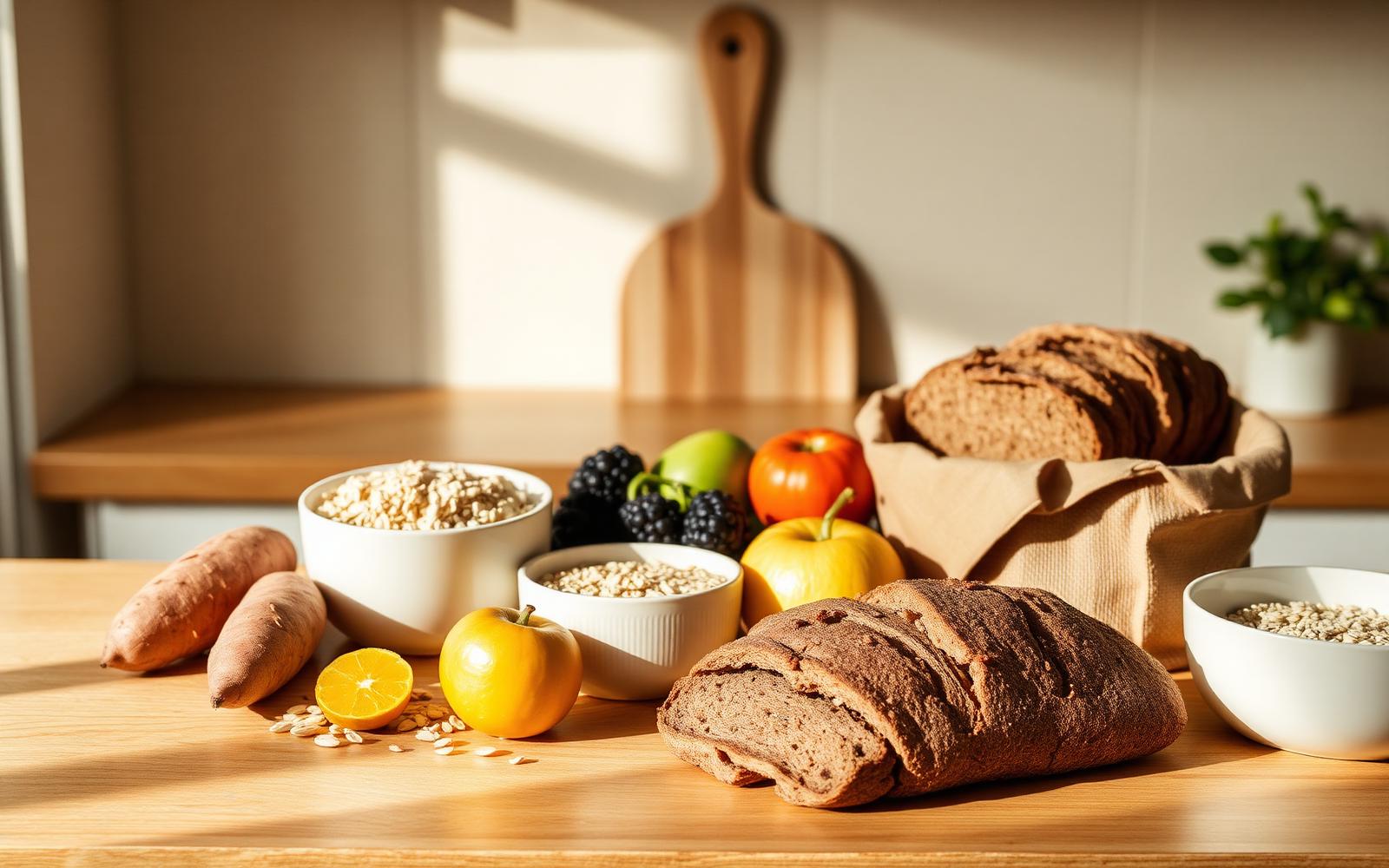 Whole-food carbohydrate sources including oats, sweet potatoes, fruit and whole grain bread on a bright kitchen counter