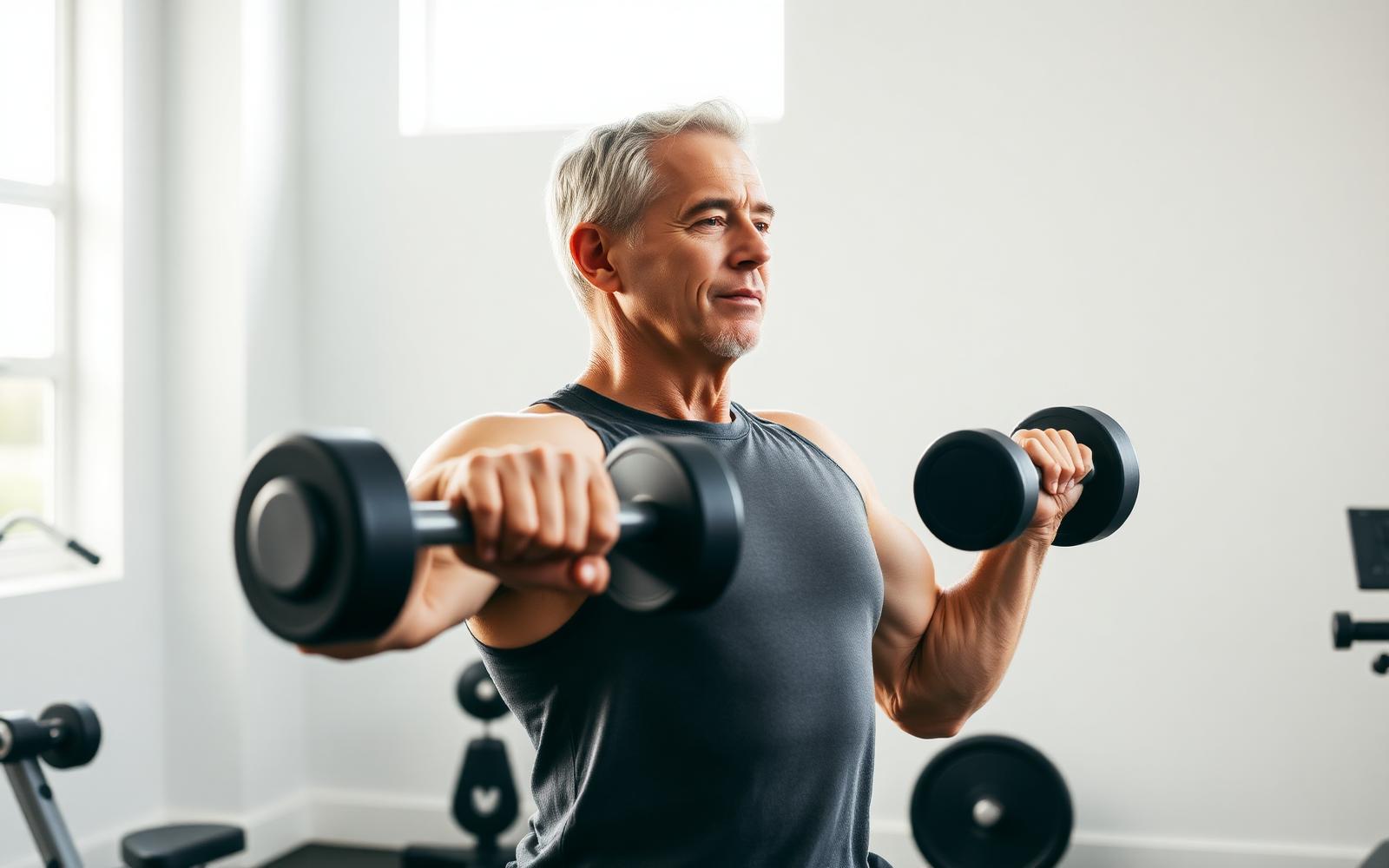 An adult in their fifties performing a controlled dumbbell exercise with good form in a bright gym