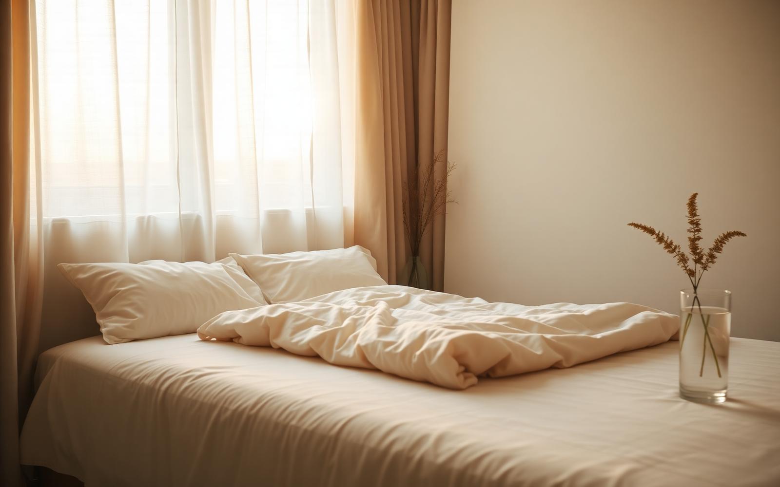 A calm, minimal bedroom filled with soft early morning light