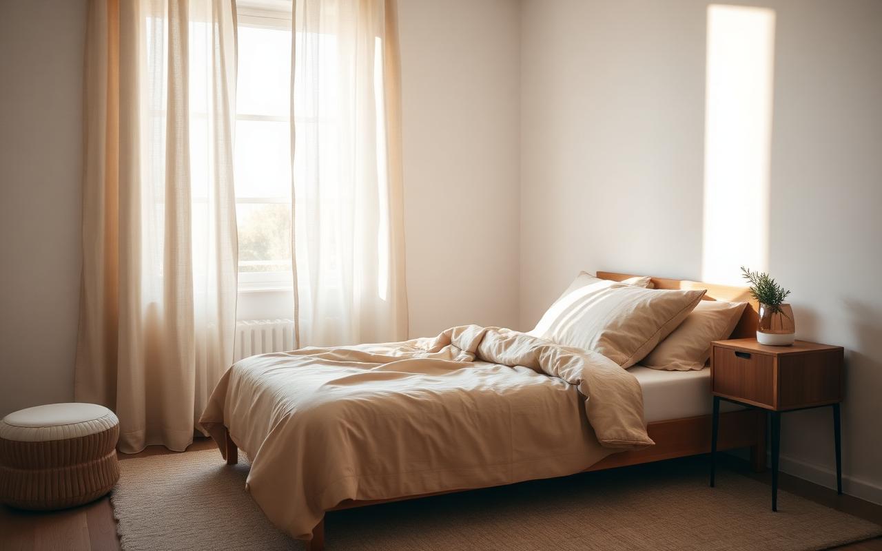 A calm, minimal bedroom filled with soft early morning light