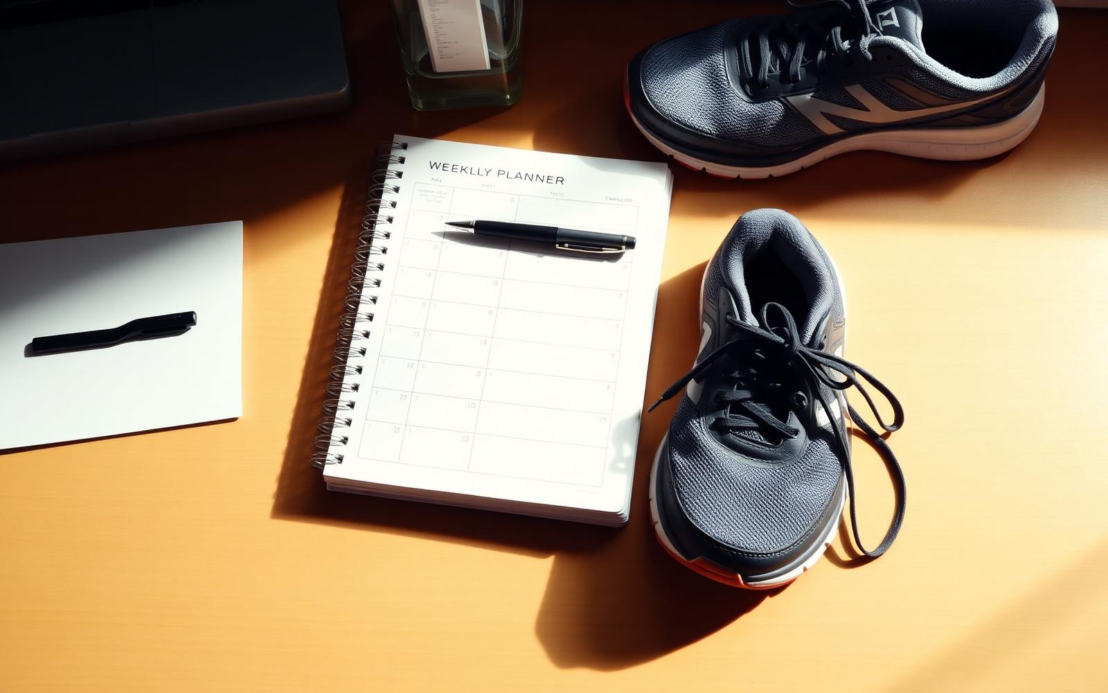 A weekly planner, pen, water bottle, and training shoes arranged on a desk in soft morning light
