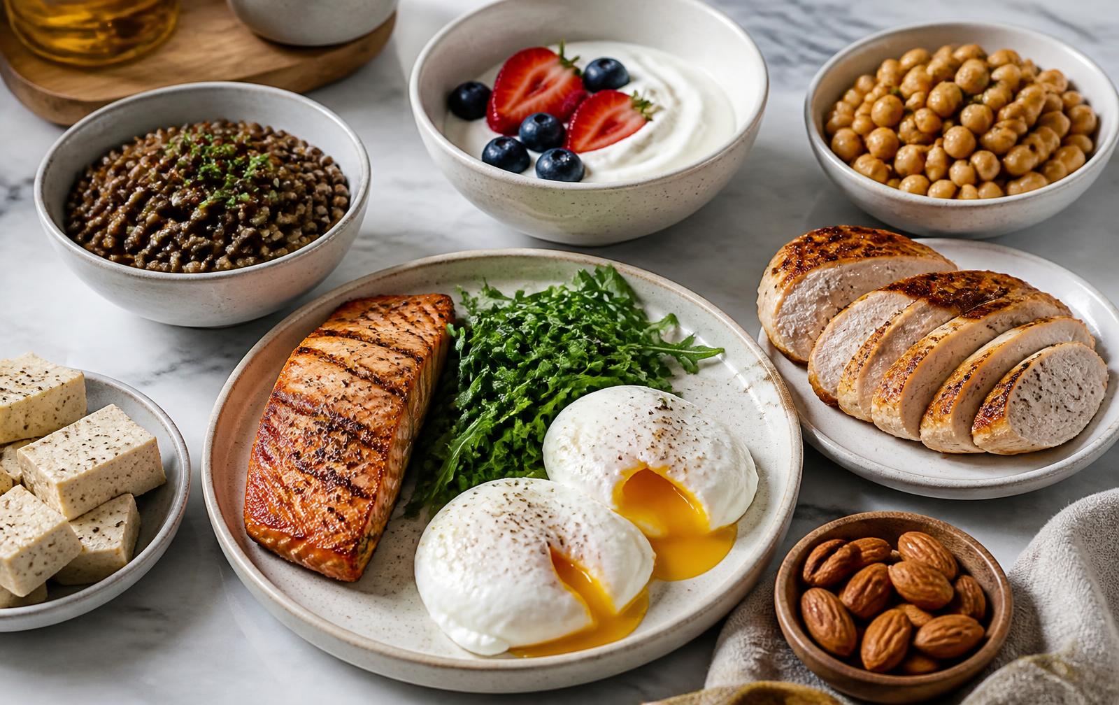 Whole-food protein sources including salmon, eggs, chicken, Greek yogurt and lentils on a bright kitchen counter