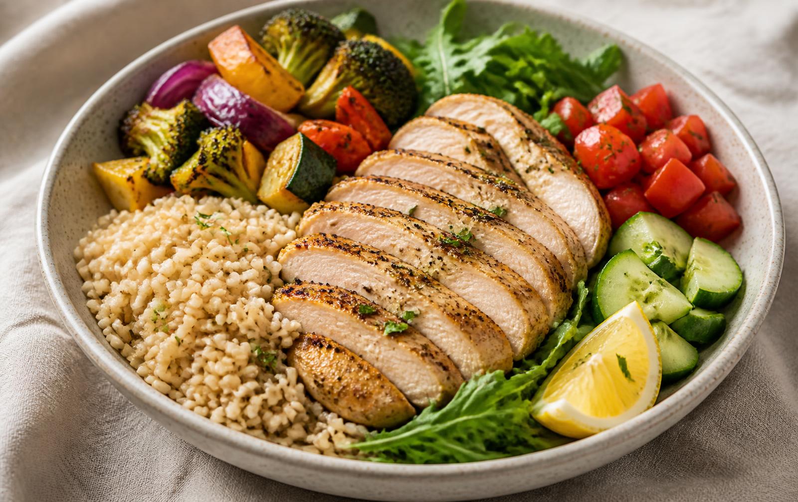 Bowl with sliced grilled chicken breast, brown rice, roasted vegetables, greens, cucumber, tomato and a lemon wedge
