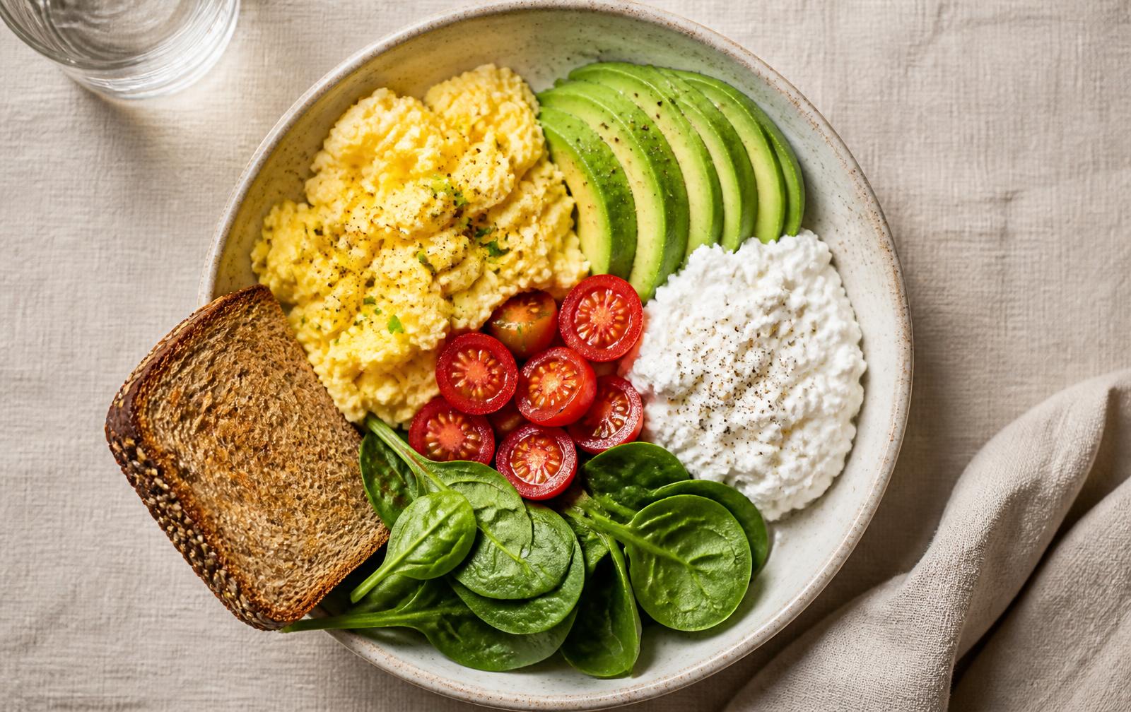 Breakfast bowl with soft scrambled eggs, sliced avocado, spinach, tomatoes, cottage cheese and whole-grain toast