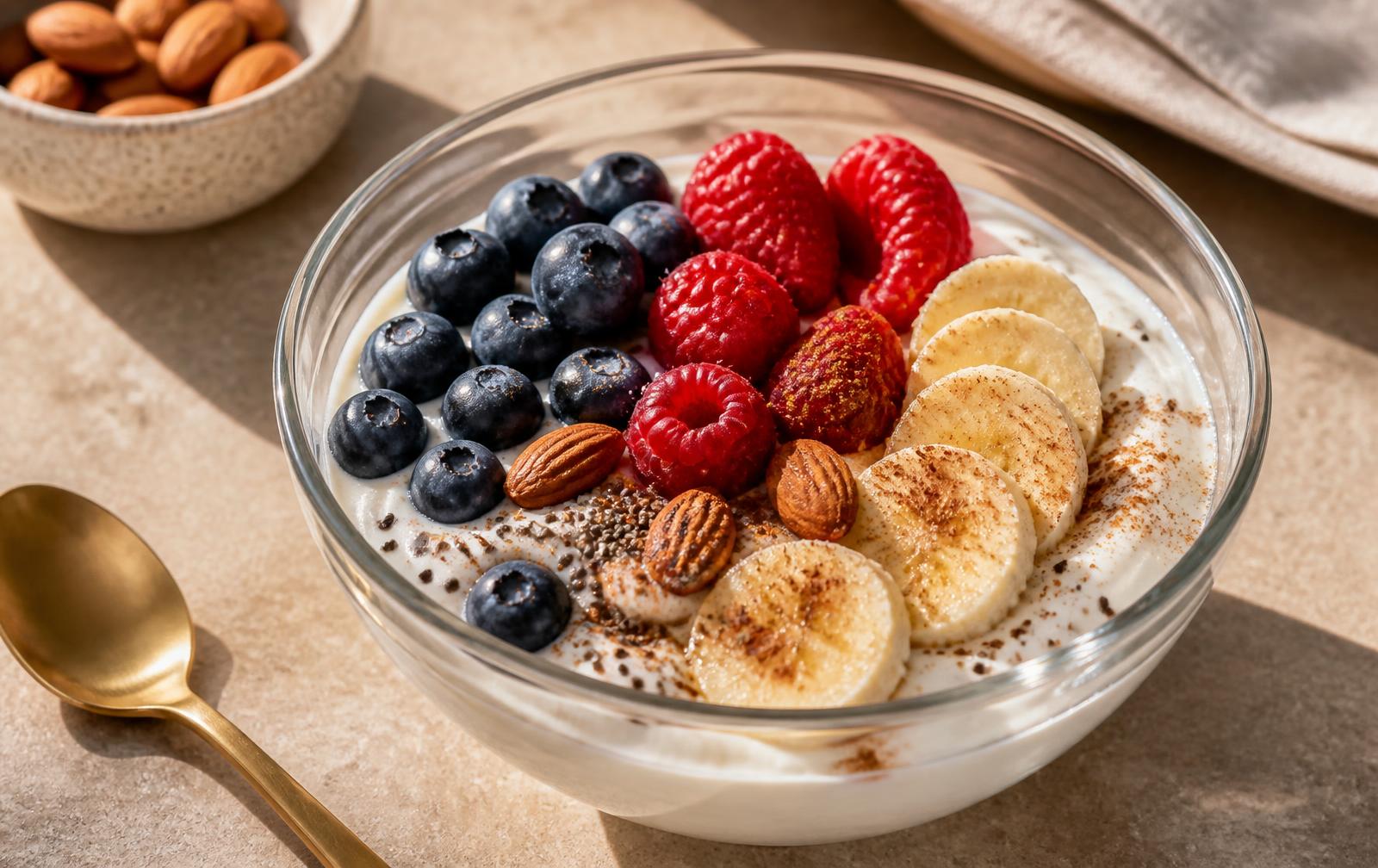 Glass bowl of Greek yogurt topped with blueberries, raspberries, sliced banana, chia seeds, almonds and cinnamon