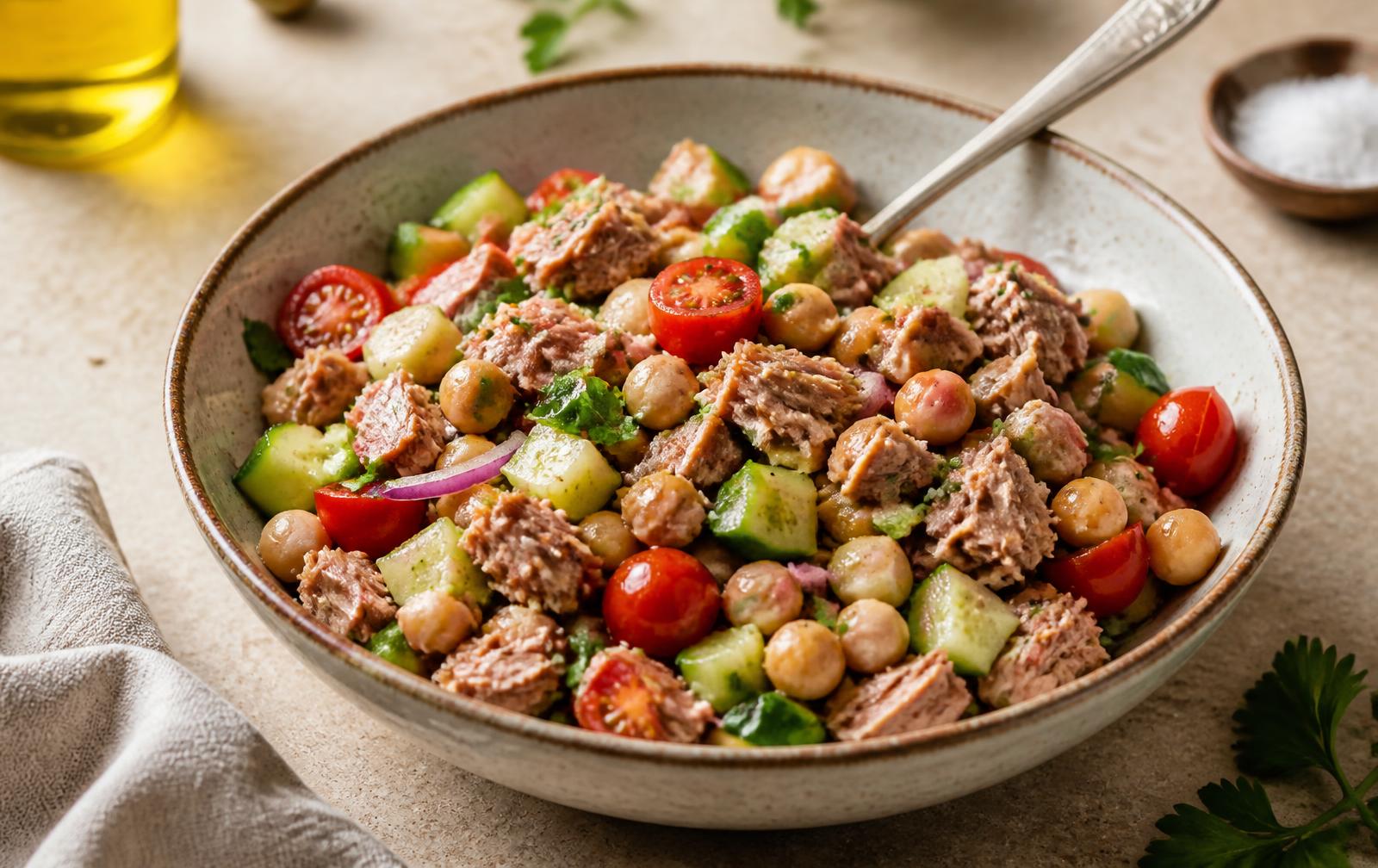 Bowl of tuna and chickpea salad with cucumber, cherry tomatoes, red onion, parsley, lemon and olive oil