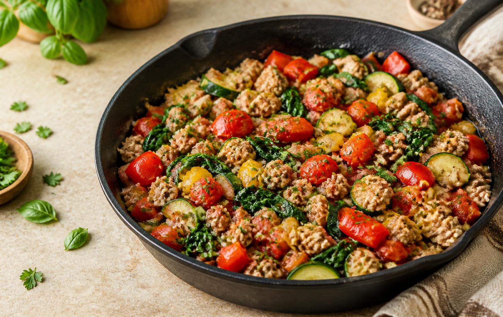 Cast iron skillet of ground turkey with bell peppers, zucchini, onion, spinach and diced tomatoes
