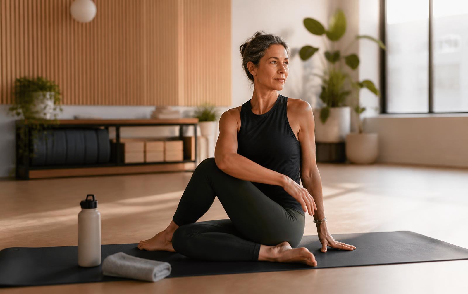 An active adult stretching and doing mobility work on a mat in a bright studio after training