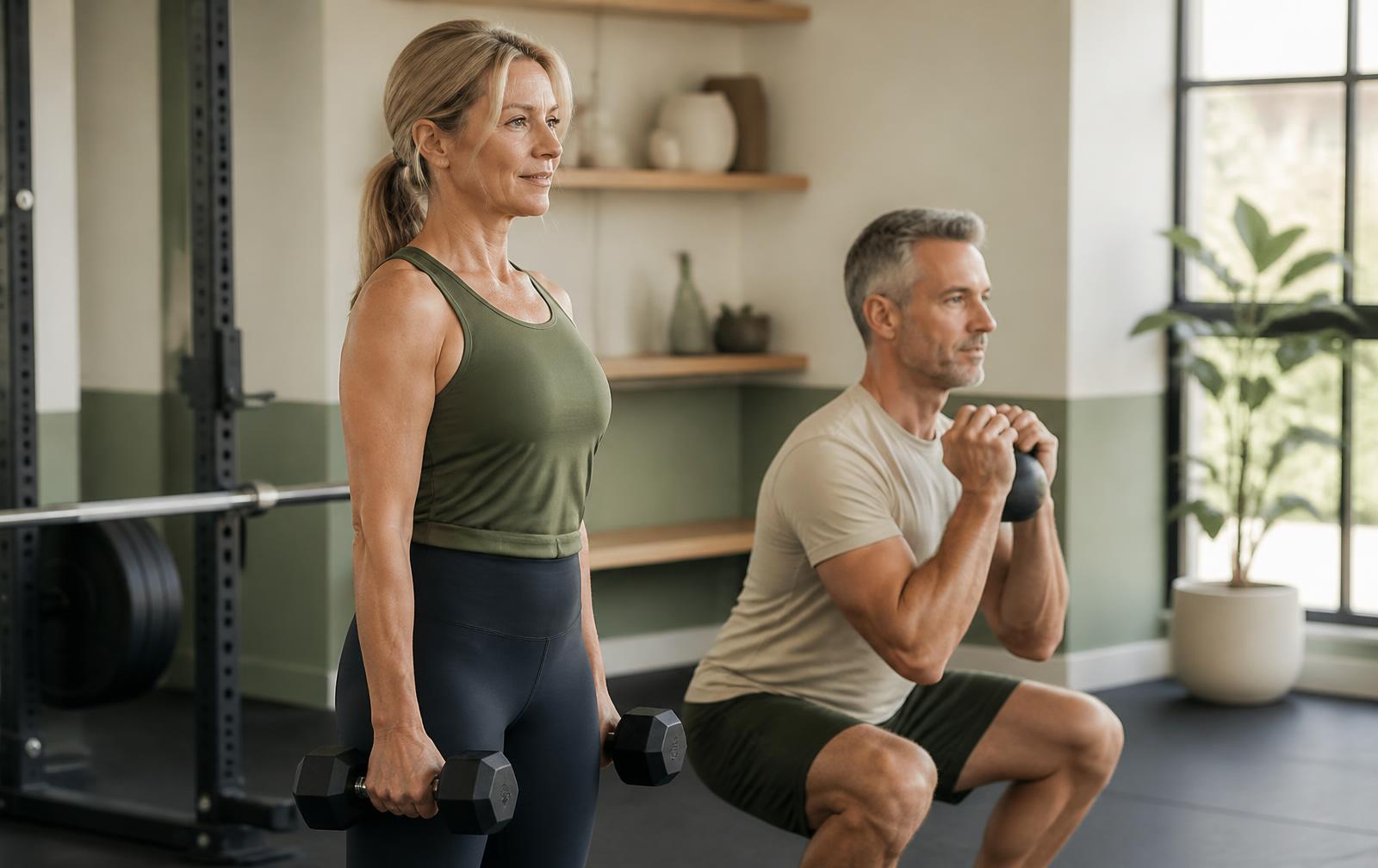 Adults in their forties and fifties strength training with dumbbells