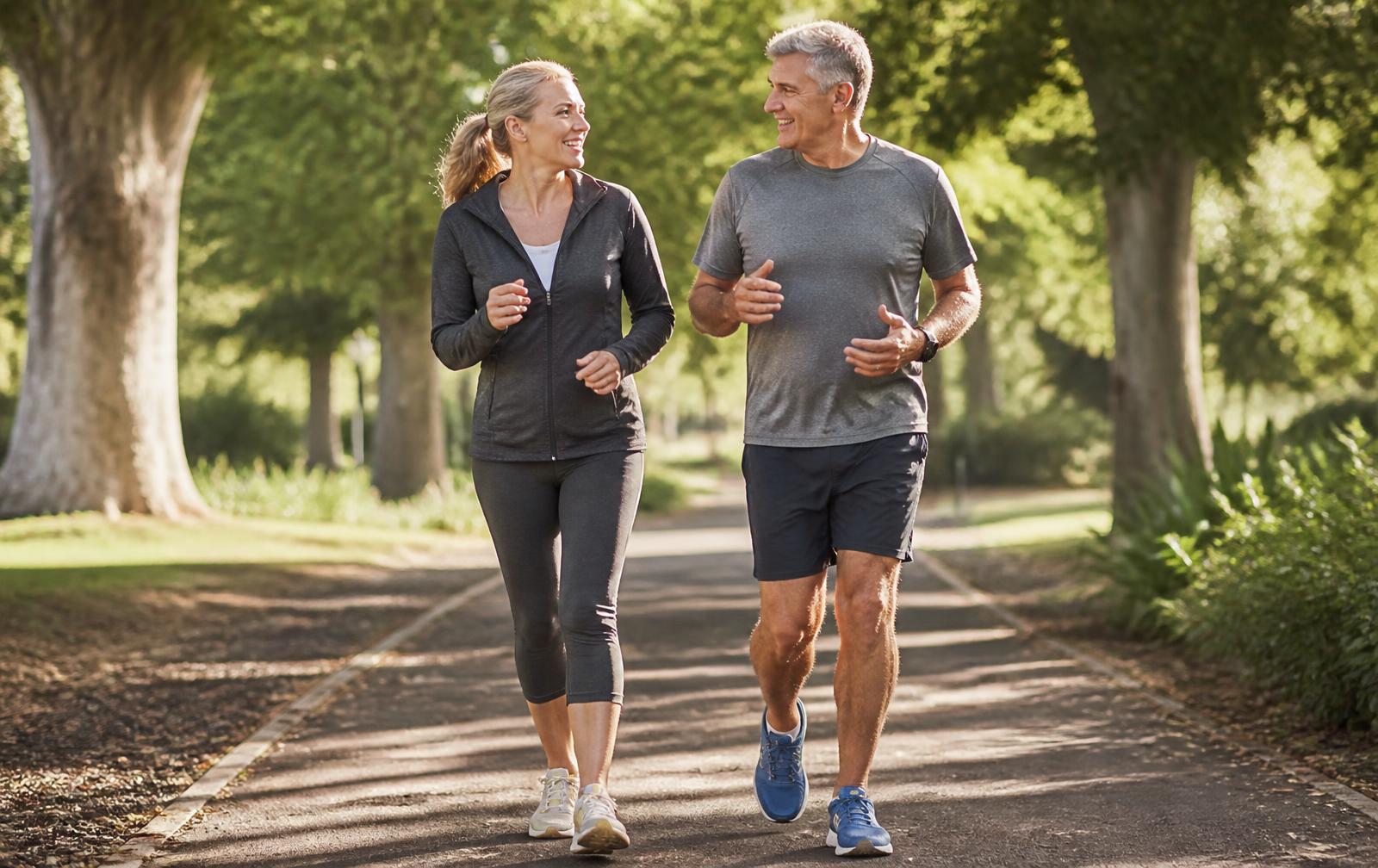 Two active adults walking together at a brisk pace along a tree-lined park path in the morning